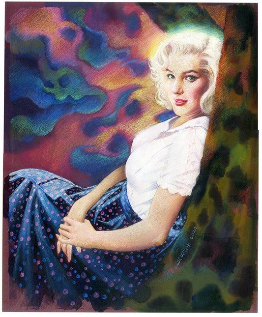 Marilyn Monroe seated in a white blouse and flowered blue skirt, watercolor and Prismacolor painting by Steve Rude