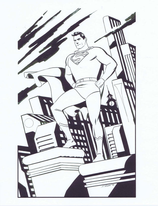 Superman Standing on Buildings  B&W Print