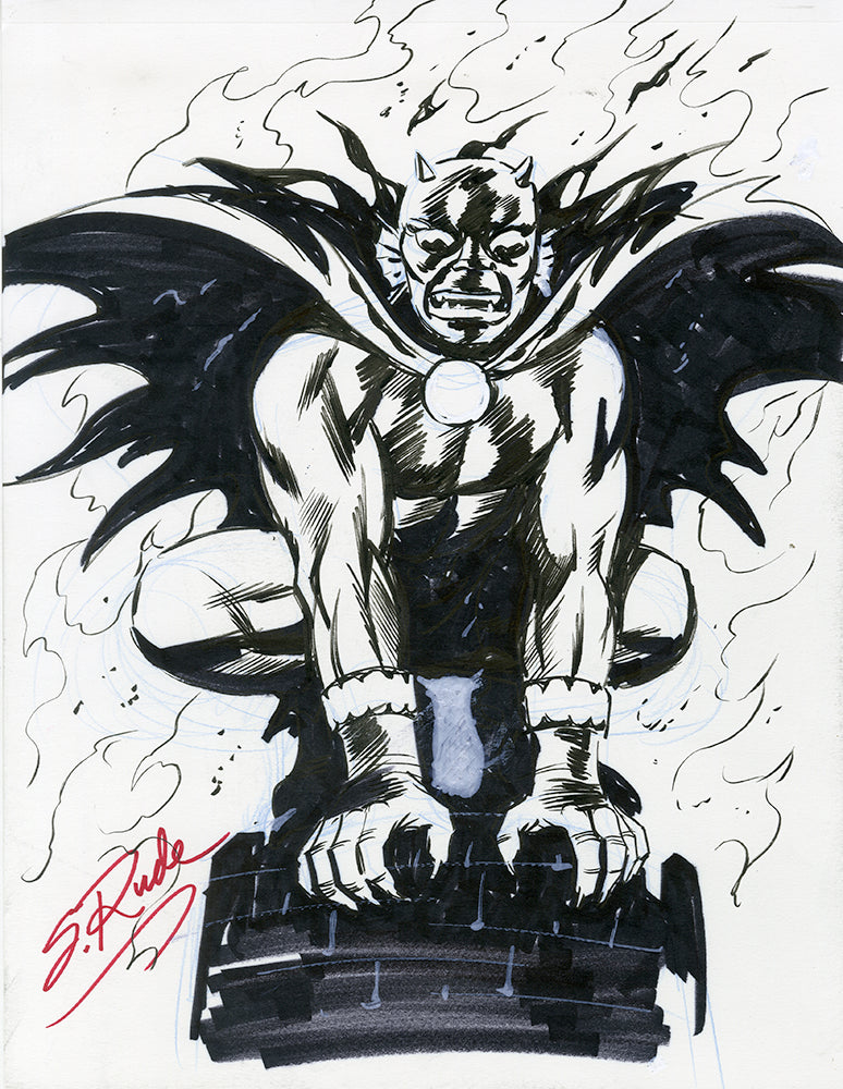 Etrigan the Demon marker sketch by Steve Rude, crouched on a ledge with his cape spread wide