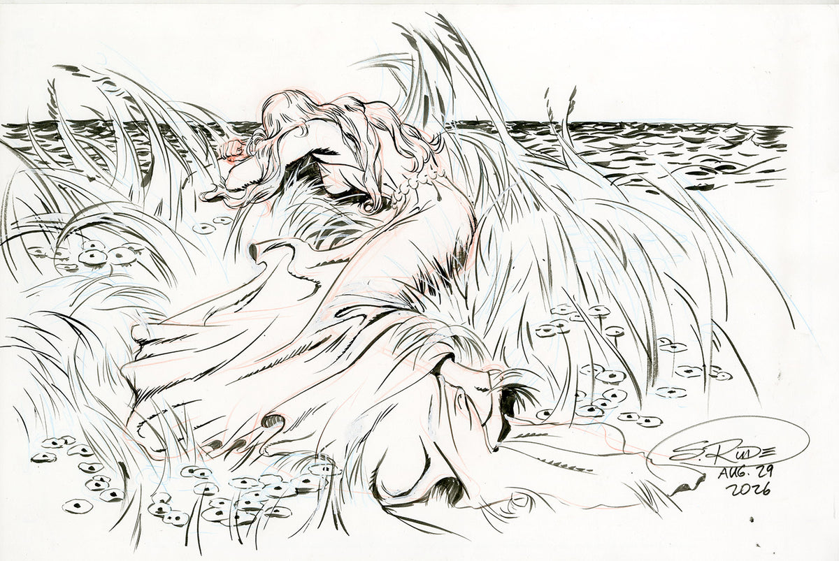 Prince Valiant pen and ink by Steve Rude, a woman weeping in tall reeds by the sea