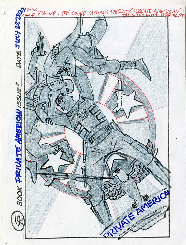 Private American cover rough 1 by Steve Rude, starburst layout with eagle and stars