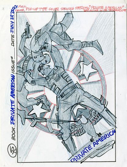 Private American cover rough 1 by Steve Rude, starburst layout with eagle and stars