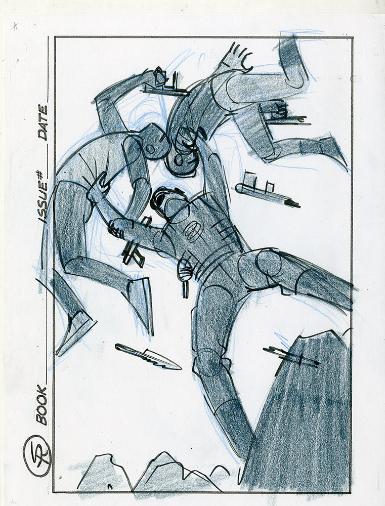 Private American cover rough 2 by Steve Rude, mid-air fight scene in pencil