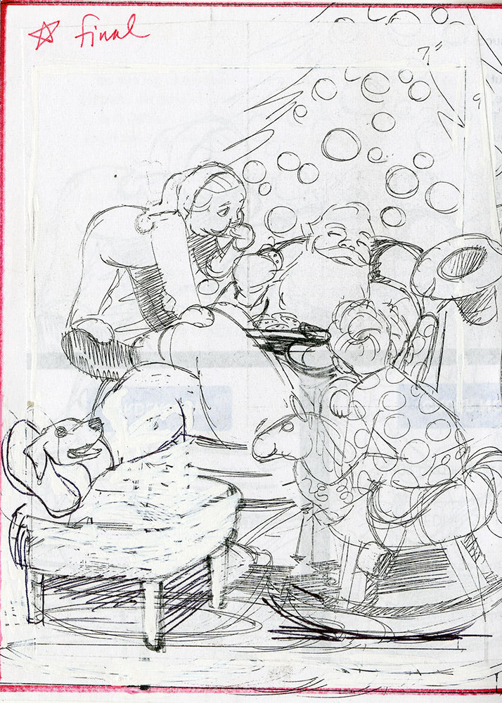 Steve Rude rough of Santa with kids by a Christmas tree with a dog in front