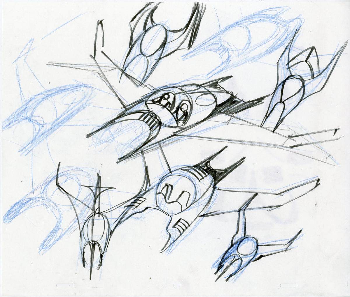 Steve Rude animation drawing of several spaceships in pencil and blue pencil