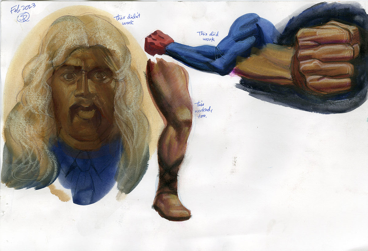 Back: Moses Hightower (Bubba Smith) from Drew Struzan's Police Academy 3 poster art, with boot, arm and fist studies, original art by Steve Rude