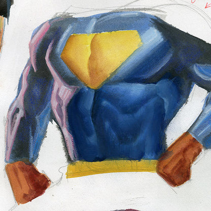 Front: Superman torso and leg, running legs and a man in a bow tie, original study by Steve Rude