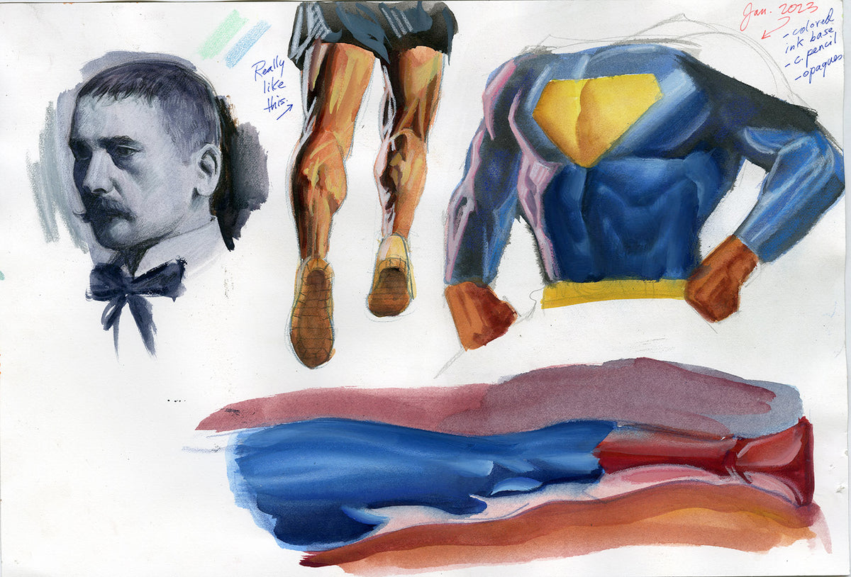 Front: Superman torso and leg, running legs and a man in a bow tie, original study by Steve Rude