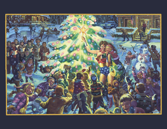 Illustration of a Christmas scene with Wonder Woman and little kids around a decorated tree, including a snowman and sleigh.