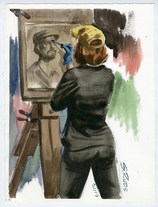 Open Studio Woman painting Man Standing with Cane